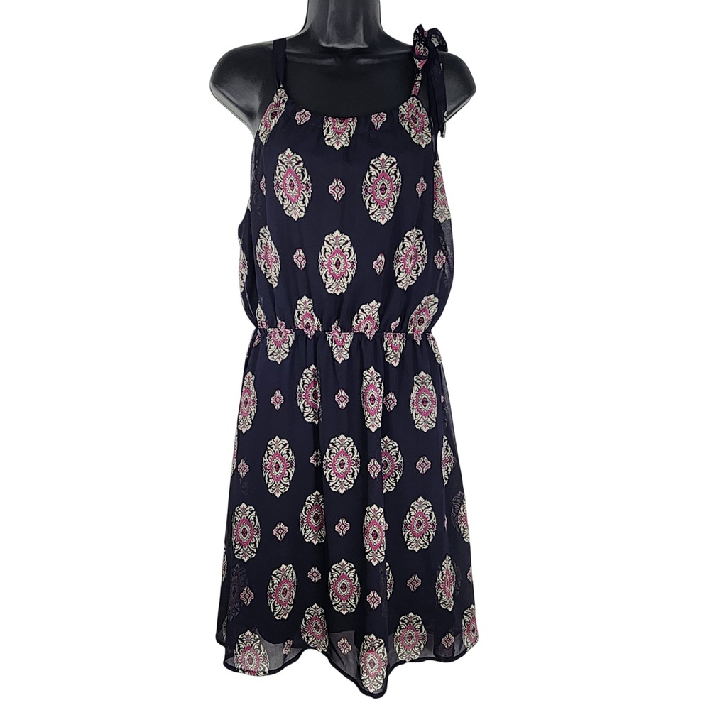 Boho Chic Flowy Sleeveless Mini Dress Boho Tie Strap Navy Lightweight Womens M